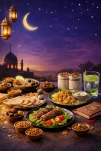 طاولة إفطار رمضاني عربي تحت النجوم مع فانوس معلق، هلال القمر، مسجد في الخلفية، وأطباق طعام شهية مثل الشاورما، الحمص، الخبز، والمشروبات، مثالي لوصفات الكيتو في رمضان.