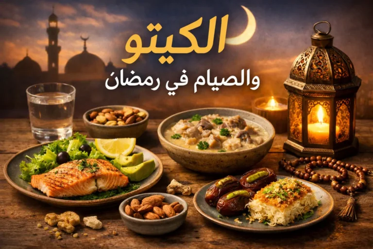 طاولة إفطار رمضاني كيتو مع أطباق صحية مثل السلمون المشوي، السلطة، الحساء، المكسرات، والتمر، محاطة بفانوس وشمعة وسبحة، مع خلفية غروب شمس ومسجد، ونص عربي "الكيتو في رمضان