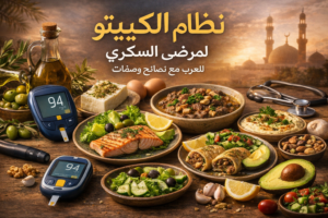 طاولة مليئة بأطعمة كيتو صحية لمرضى السكري، تشمل سمك السلمون، الأفوكادو، البيض، السلطات، الزيتون، المكسرات، وجهاز قياس السكر يظهر 94، مع خلفية مسجد وغروب الشمس، ونص عربي "نظام الكيتو لمرضى السكري