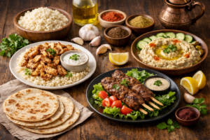 طاولة مليئة بأطباق عربية تقليدية مثل الشاورما، الكفتة، الحمص، الخبز العربي، والأرز، مع توابل وخضروات طازجة، مثالية لتكييفها مع نظام الكيتو.