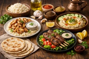 طاولة مليئة بأطباق عربية تقليدية مثل الشاورما، الكفتة، الحمص، الخبز العربي، والأرز، مع توابل وخضروات طازجة، مثالية لتكييفها مع نظام الكيتو.