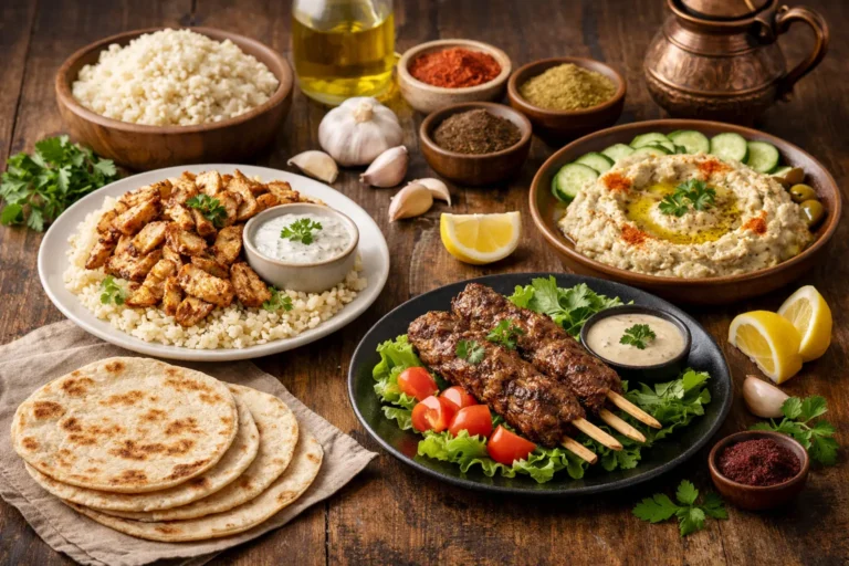 طاولة مليئة بأطباق عربية تقليدية مثل الشاورما، الكفتة، الحمص، الخبز العربي، والأرز، مع توابل وخضروات طازجة، مثالية لتكييفها مع نظام الكيتو.