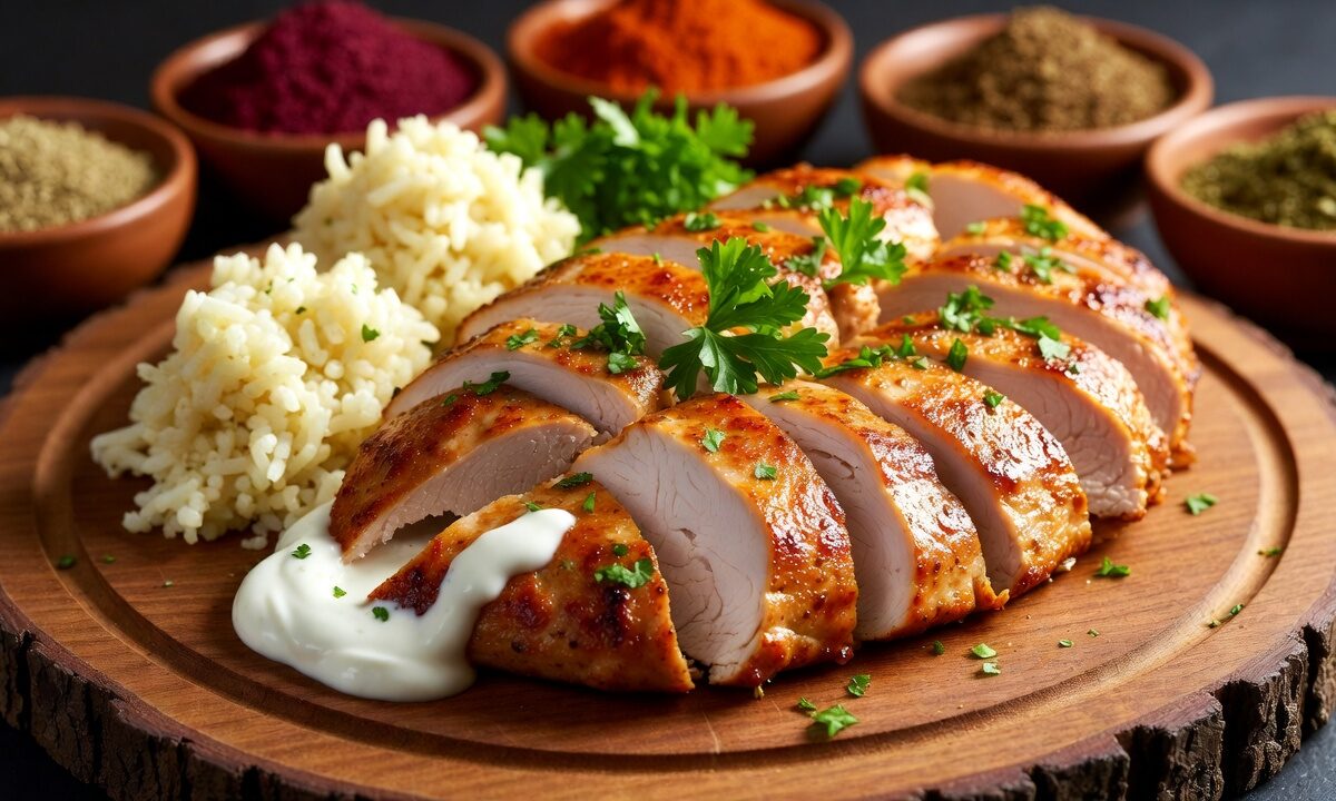 شرائح دجاج شاورما مشوي متبل بتوابل عربية مثل السماق والزعتر، مقدم مع أرز قرنبيط وصوص زبادي على لوح خشبي محاط بأوعية توابل.