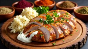 شرائح دجاج شاورما مشوي متبل بتوابل عربية مثل السماق والزعتر، مقدم مع أرز قرنبيط وصوص زبادي على لوح خشبي محاط بأوعية توابل.