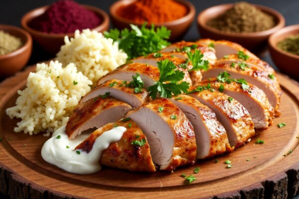 شرائح دجاج شاورما مشوي متبل بتوابل عربية مثل السماق والزعتر، مقدم مع أرز قرنبيط وصوص زبادي على لوح خشبي محاط بأوعية توابل.