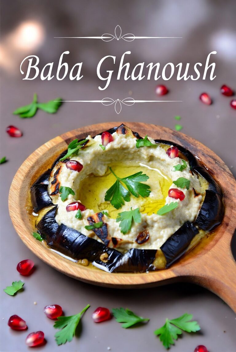 بابا غنوج كيتو عربي كريمي مصنوع من باذنجان مشوي، طحينة، زيت زيتون، وثوم، مزين بالبقدونس، حبات الرمان، ورذاذ زيت زيتون على طبق خشبي ريفي."