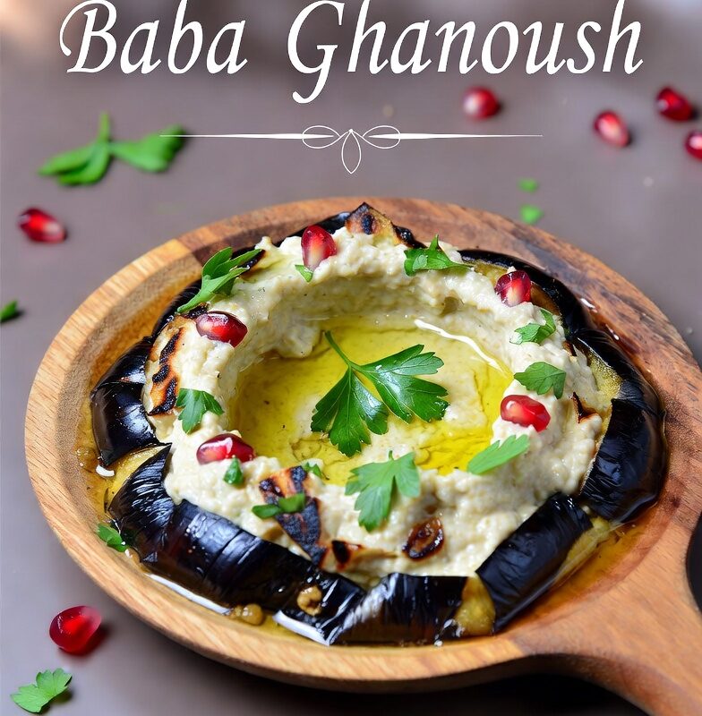 بابا غنوج كيتو عربي كريمي مصنوع من باذنجان مشوي، طحينة، زيت زيتون، وثوم، مزين بالبقدونس، حبات الرمان، ورذاذ زيت زيتون على طبق خشبي ريفي."