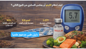 صورة توضيحية لفوائد نظام الكيتو دايت في عكس مرض السكري النوع الثاني: جهاز قياس السكر يظهر قراءة 5.7 ملمول/لتر، مع مؤشر HbA1c بنسبة 6.0%، وأمبول إنسولين وأقراص أدوية، إلى جانب وجبة صحية تحتوي على أفوكادو، سمك سلمون، بروكولي، وخضروات طازجة على طبق خشبي، مع خلفية زرقاء تحمل عنوان "كيف يمكن لنظام الكيتو دايت أن يعكس مرض السكري النوع 2