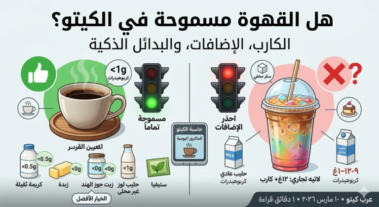 إنفوجرافيك عربي بعنوان: "هل القهوة مسموحة في الكيتو؟ الكربوهيدرات، الإضافات، والبدائل الذكية". يقدّم دليلاً بصريًا واضحًا يقارن بين ممارسات القهوة المناسبة للكيتو وتلك التي يجب تجنّبها. في الجهة اليسرى (القسم الأخضر مع رمز الإعجاب) يظهر كوب من القهوة السوداء