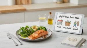 صورة مقربة على سطح طاولة رخامية في مطبخ، تُظهر وجبة كيتو مُعدّة بعناية (سلمون مشوي، سلطة خضراء، بروكلي، نصف حبة أفوكادو) موضوعة على طبق دائري. بجانب الطبق، يوجد جهاز لوحي (تابلت) يُظهر رسماً بيانياً باللغة العربية بعنوان "خطة نمط حياة الكيتو" مع ثلاثة رموز: تقويم ("خَطِّط")، سلة بقالة ("الأساسيات")، وشخص يركض مع تروس ("الروتين"). أمام الجهاز اللوحي، يوجد مفكرة بيضاء بعبارة "دليل الكيتو" داخل إكليل ذهبي، وقلم فضي. الخلفية هي مطبخ مشرق غير واضح مع زجاجة زيت زيتون وكوب ماء بالليمون.