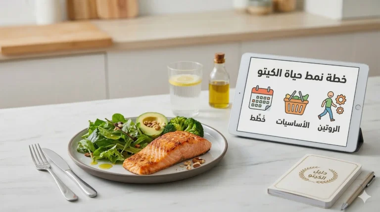 صورة مقربة على سطح طاولة رخامية في مطبخ، تُظهر وجبة كيتو مُعدّة بعناية (سلمون مشوي، سلطة خضراء، بروكلي، نصف حبة أفوكادو) موضوعة على طبق دائري. بجانب الطبق، يوجد جهاز لوحي (تابلت) يُظهر رسماً بيانياً باللغة العربية بعنوان "خطة نمط حياة الكيتو" مع ثلاثة رموز: تقويم ("خَطِّط")، سلة بقالة ("الأساسيات")، وشخص يركض مع تروس ("الروتين"). أمام الجهاز اللوحي، يوجد مفكرة بيضاء بعبارة "دليل الكيتو" داخل إكليل ذهبي، وقلم فضي. الخلفية هي مطبخ مشرق غير واضح مع زجاجة زيت زيتون وكوب ماء بالليمون.