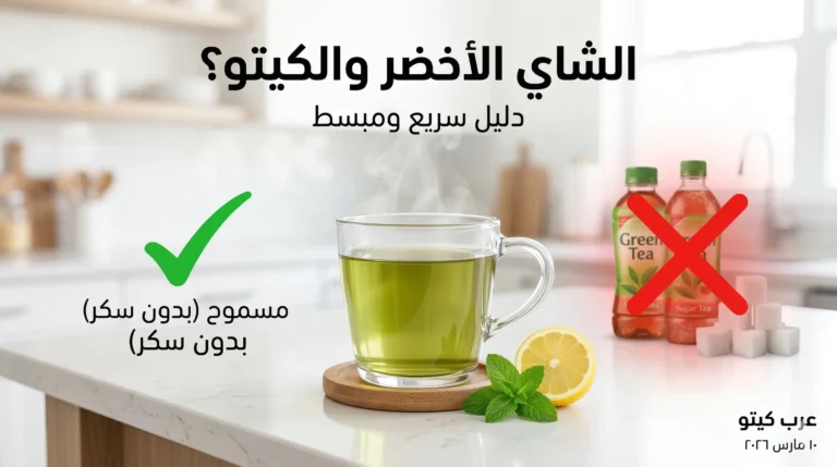 إنفوجرافيك تعليمي من "عرب كيتو" يقارن بين خيارات الشاي الأخضر المسموحة والممنوعة في نظام الكيتو دايت. يظهر الجانب الأيمن (المسموح) كوب شاي أخضر طبيعي بصفر كربوهيدرات مع إضافات كيتو مثل الليمون، النعناع، ستيفيا، والكريمة الثقيلة تحت إشارة مرور خضراء. الجانب الأيسر (الممنوع) يحذر من الشاي المعبأ المحلى، العسل، السكر، وحليب البقر العادي لاحتوائها على كربوهيدرات عالية (تصل إلى 40 غرام) تحت إشارة مرور حمراء. يوجد في الأسفل ملخص للحكم ورابط لحاسبة الماكروز.