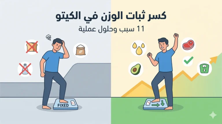 رسوم توضيحية لكسر ثبات الوزن في الكيتو، تظهر رجلين؛ الأول محبط مع مقياس ثابت وأيقونات لخبز وزجاجة ماء عليها علامة 'X'، والثاني مبتسم مع مقياس يشير إلى انخفاض الوزن وأيقونات لقطرات دهون وأفوكادو وقطعة لحم وعلامة اختيار خضراء، على خلفية زرقاء وخضراء.