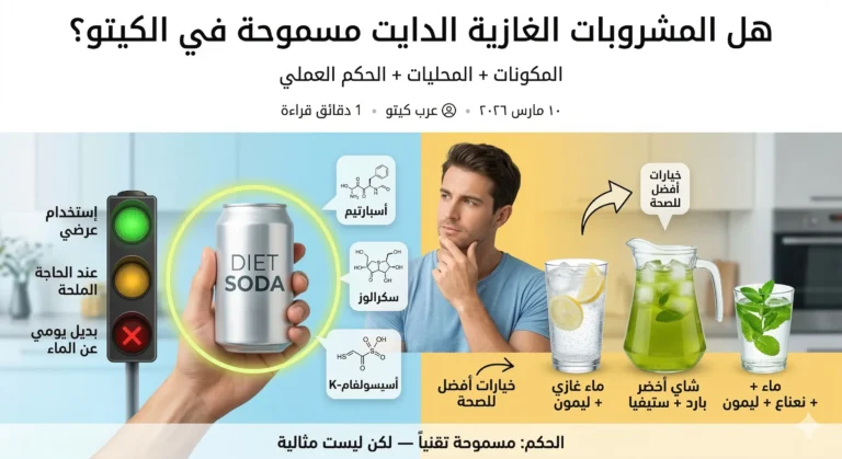 إنفوجرافيك عربي يناقش ما إذا كانت المشروبات الغازية الدايت مسموحة في الكيتو. يظهر في الأعلى عنوان رئيسي يقول: "هل المشروبات الغازية الدايت مسموحة في الكيتو؟ المكونات + المُحلّيات + الحكم العملي". ويتضمّن رجلاً في وضعية تفكير بجانب يد تمسك علبة مكتوب عليها "دايت صودا". ويوضح دليل بإشارة مرور ثلاث حالات: الأخضر لـ "استخدام متقطع"، والأصفر لـ "عند الحاجة الملحّة"، والأحمر بعلامة X لـ "كبديل يومي للماء". كما تظهر تراكيب كيميائية لكل من "الأسبارتام" و"السكرالوز" و"أسيسلفام-ك". وتشير الأسهم إلى "خيارات صحية أفضل" مع صور وتسميات هي: "ماء فوار + ليمون"، و"شاي أخضر مثلج + ستيفيا"، و"ماء + نعناع + ليمون". وفي الأسفل تظهر الخلاصة النهائية: "الخلاصة: مسموحة من الناحية التقنية، لكنها ليست الخيار الأفضل."