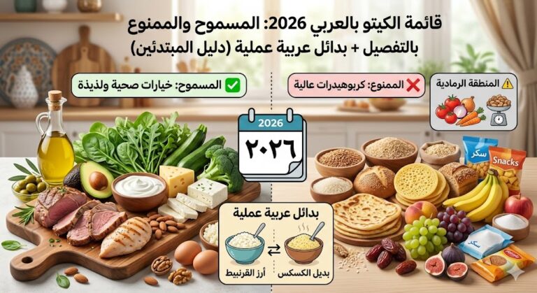 صورة توضيحية لقائمة الكيتو بالعربي 2026 تُظهر الأطعمة المسموحة مثل اللحوم والسمك والبيض والخضار، مقابل أطعمة ممنوعة مثل الخبز والأرز والبطاطس والحلويات.