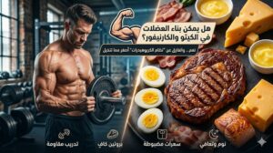 رجل رياضي يرفع وزنًا في صالة تدريب، وبجانبه أطعمة كيتو/كارنيفور مثل ستيك ولحم مقدد وبيض وجبن وزبدة، مع عنوان: «هل يمكن بناء العضلات في الكيتو والكارنيفور؟ نعم… والفارق عن نظام الكربوهيدرات أصغر مما تتخيل