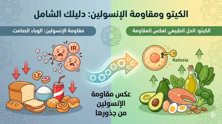 صورة إنفوجرافيك مقسمة عموديًا إلى جزأين. الجانب الأيسر (أزرق) يوضح "الوباء الصامت" لمقاومة الإنسولين، مع الكربوهيدرات المكررة (مثل الخبز والمشروبات الغازية) والخلايا المريضة. الجانب الأيمن (أخضر) يظهر "الحل الطبيعي" للكيتو، مع الأطعمة الصحية (مثل الأفوكادو والأسماك والخضروات) التي تؤدي إلى خلايا صحية في حالة الكيتوزية. سهم تروس في الوسط يرمز إلى "عكس مقاومة الإنسولين من جذورها". في الأعلى، يوجد العنوان "الكيتو ومقاومة الإنسولين: دليلك الشامل".