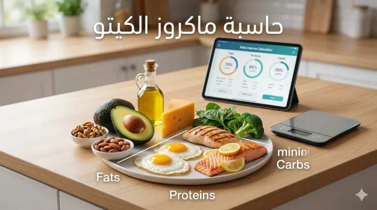 صورة فوتوغرافية في مطبخ حديث تعرض طبقاً أبيض مقسماً بصرياً يوضح المغذيات الكبيرة (الماكروز) لنظام الكيتو. الأقسام مقسمة بملصقات نصية باللغتين العربية والإنجليزية. قسم "الدهون" (Fats) يحتوي على أفوكادو وجوز ولوز وزيت زيتون وجبن شيدر. قسم "البروتينات" (Proteins) يحتوي على بيض مقلي وصدر دجاج مشوي وشريحة سلمون. قسم "الكربوهيدرات" (Carbs) يحتوي على بروكلي وسبانخ. في الخلفية، يوجد جهاز لوحي (تابلت) يعرض تطبيق "حاسبة ماكروز الكيتو" (Keto Macros Calculator) مع رسوم بيانية، ويعلوه عنوان كبير باللغة العربية: "حاسبة ماكروز الكيتو". بجانب الجهاز اللوحي يوجد ميزان مطبخ رقمي رمادي.