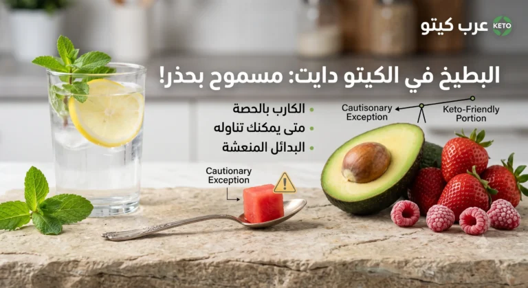 شريحة بطيخ صغيرة جداً توضح الكمية المسموحة بحذر في الكيتو دايت مع البدائل المنعشة